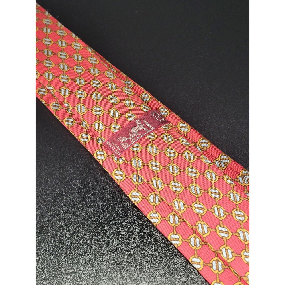 Hermes Necktie Red Geometric Chain Link Silk Made In France 7059 TA Excellent
